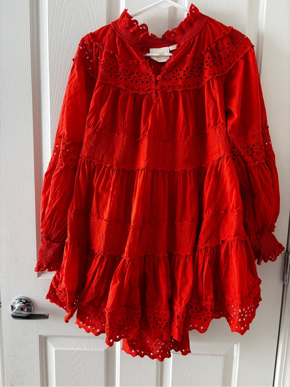 Anthropologie Crimson Eyelet Tiered Mini Dress